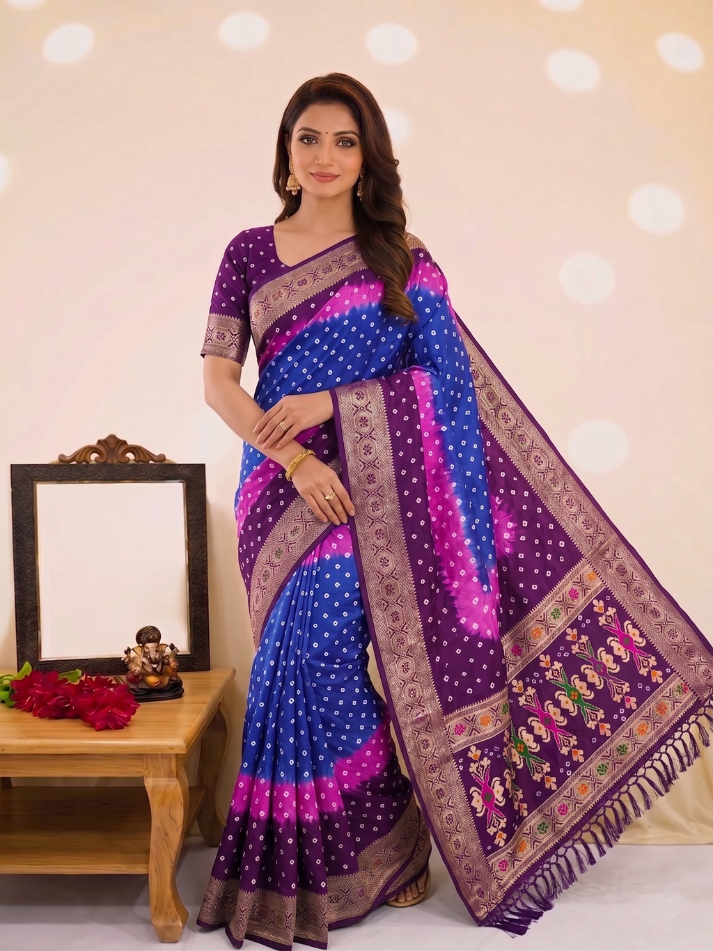 Soft Silk Multicolour Bandhej Saree with Woven Border