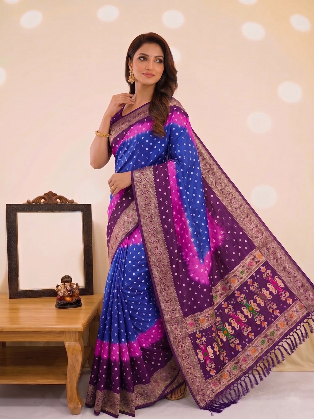 Soft Silk Multicolour Bandhej Saree with Woven Border