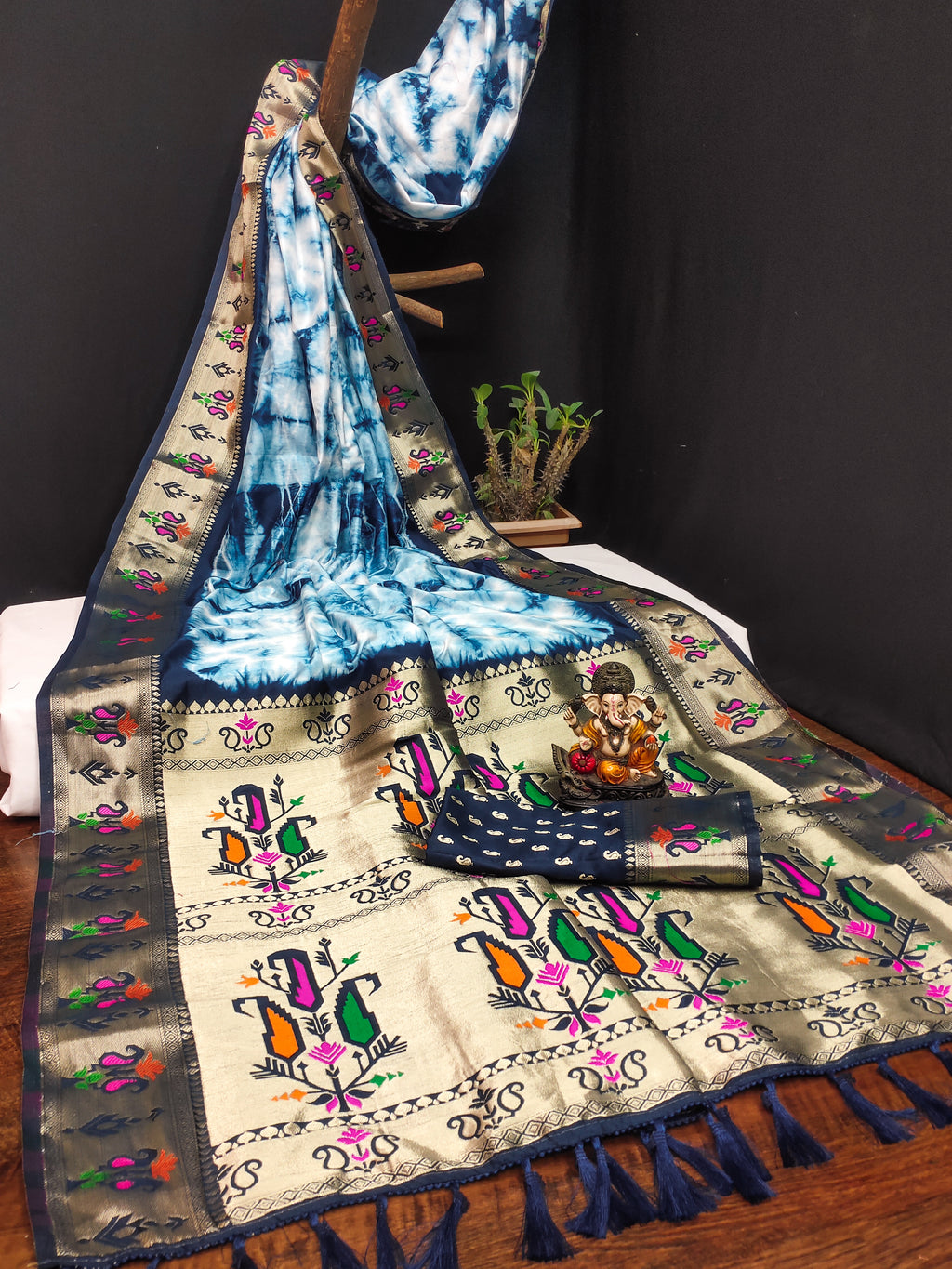 Paithani Silk Sibori Tie-Dye Saree with Minakari Border