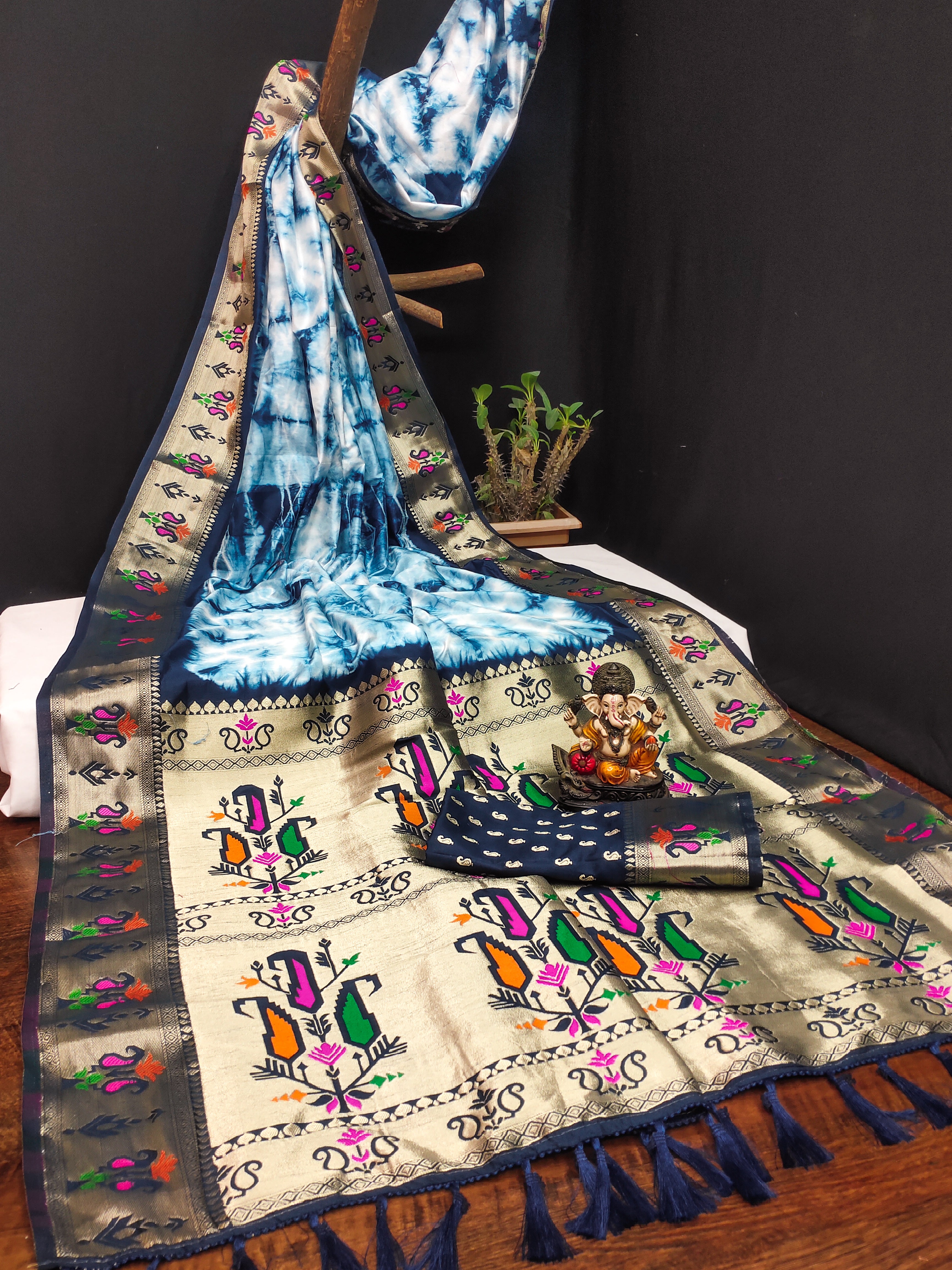 Paithani Silk Sibori Tie-Dye Saree with Minakari Border