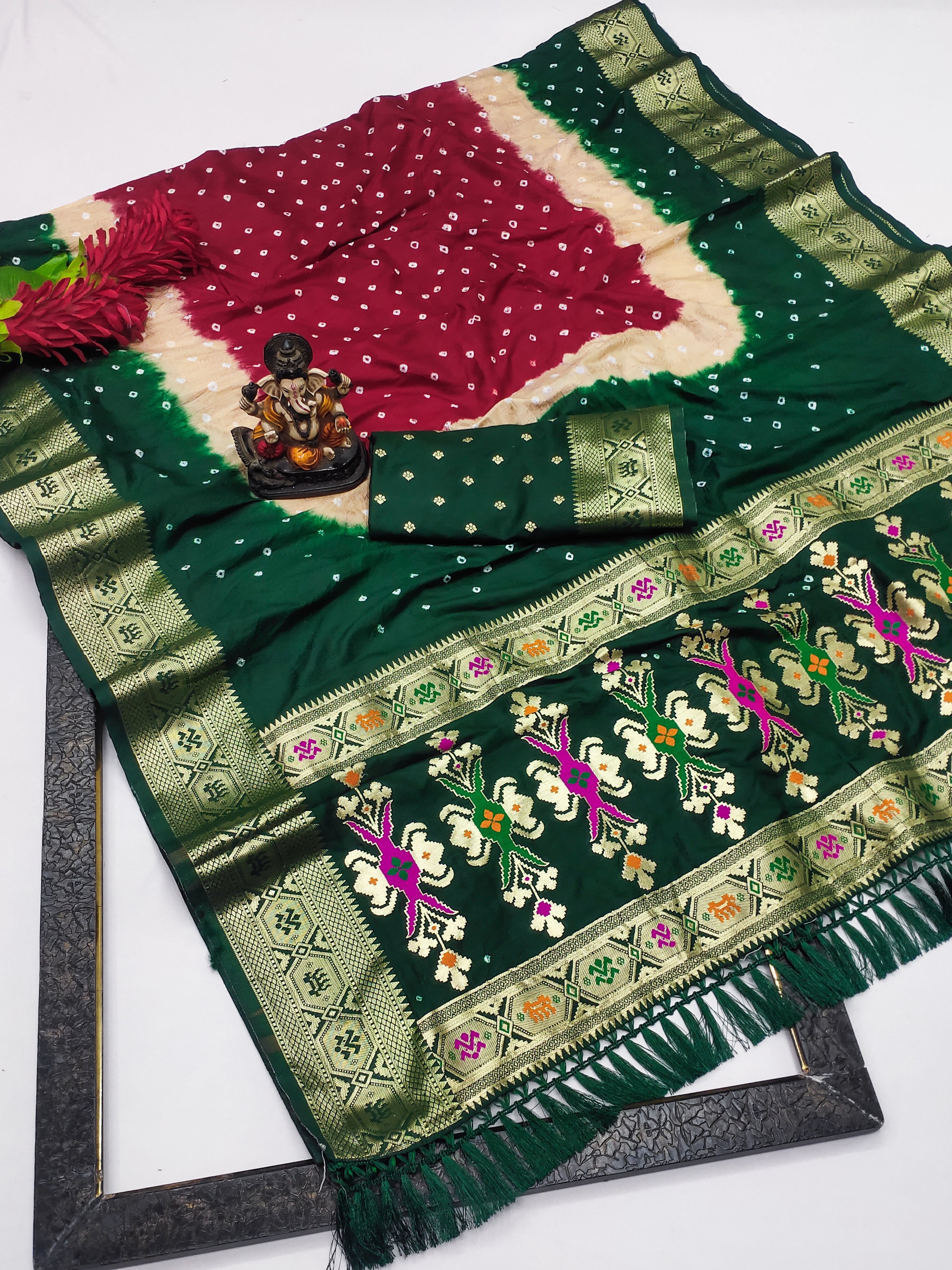 Soft Silk Multicolour Bandhej Saree with Woven Border
