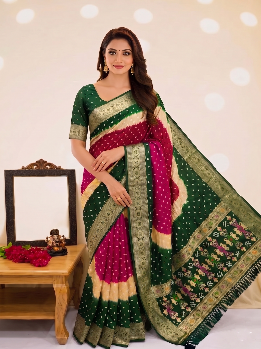 Soft Silk Multicolour Bandhej Saree with Woven Border
