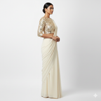 Cream Georgette Saree with Cream Sparkle Velvet Blouse | Ton-On-Ton Elegant Saree with Soft Shimmer