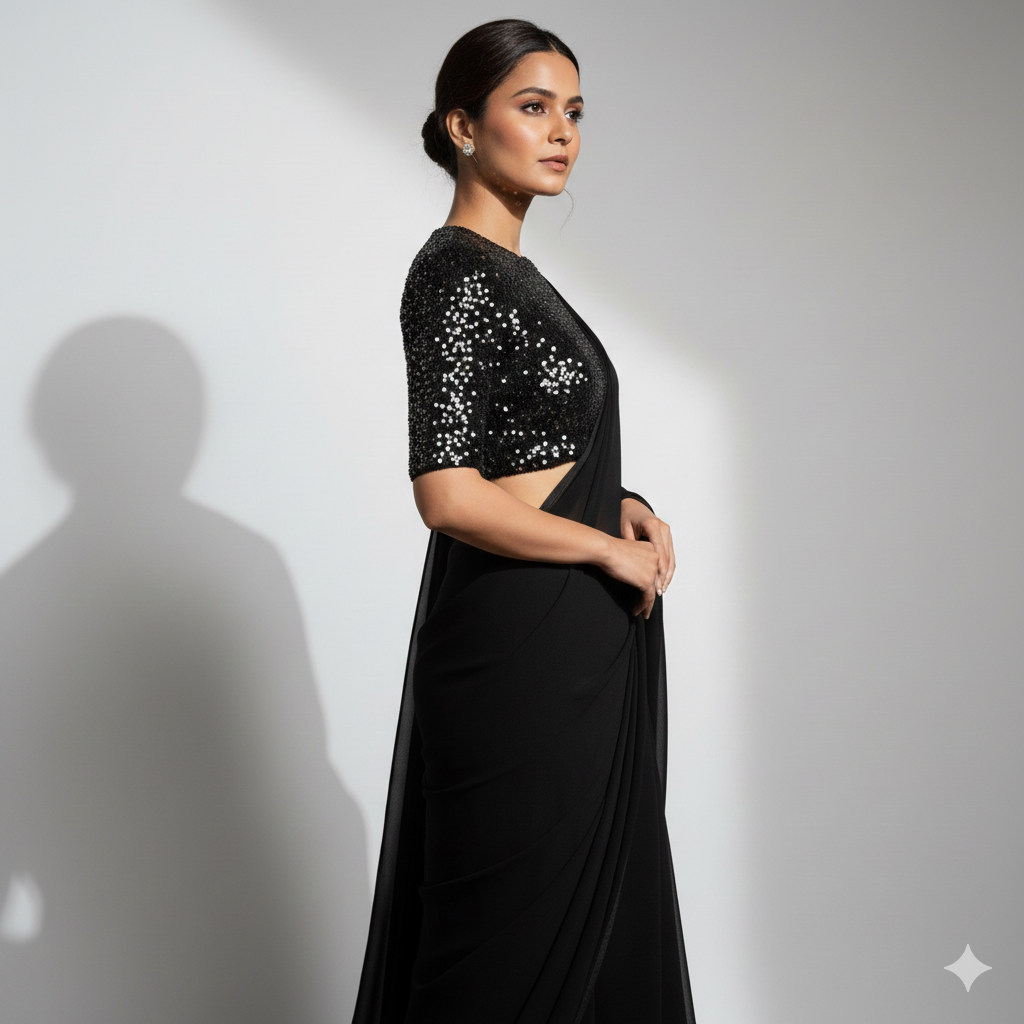Black Georgette Saree with Black Sparkle Velvet Blouse Secondary image