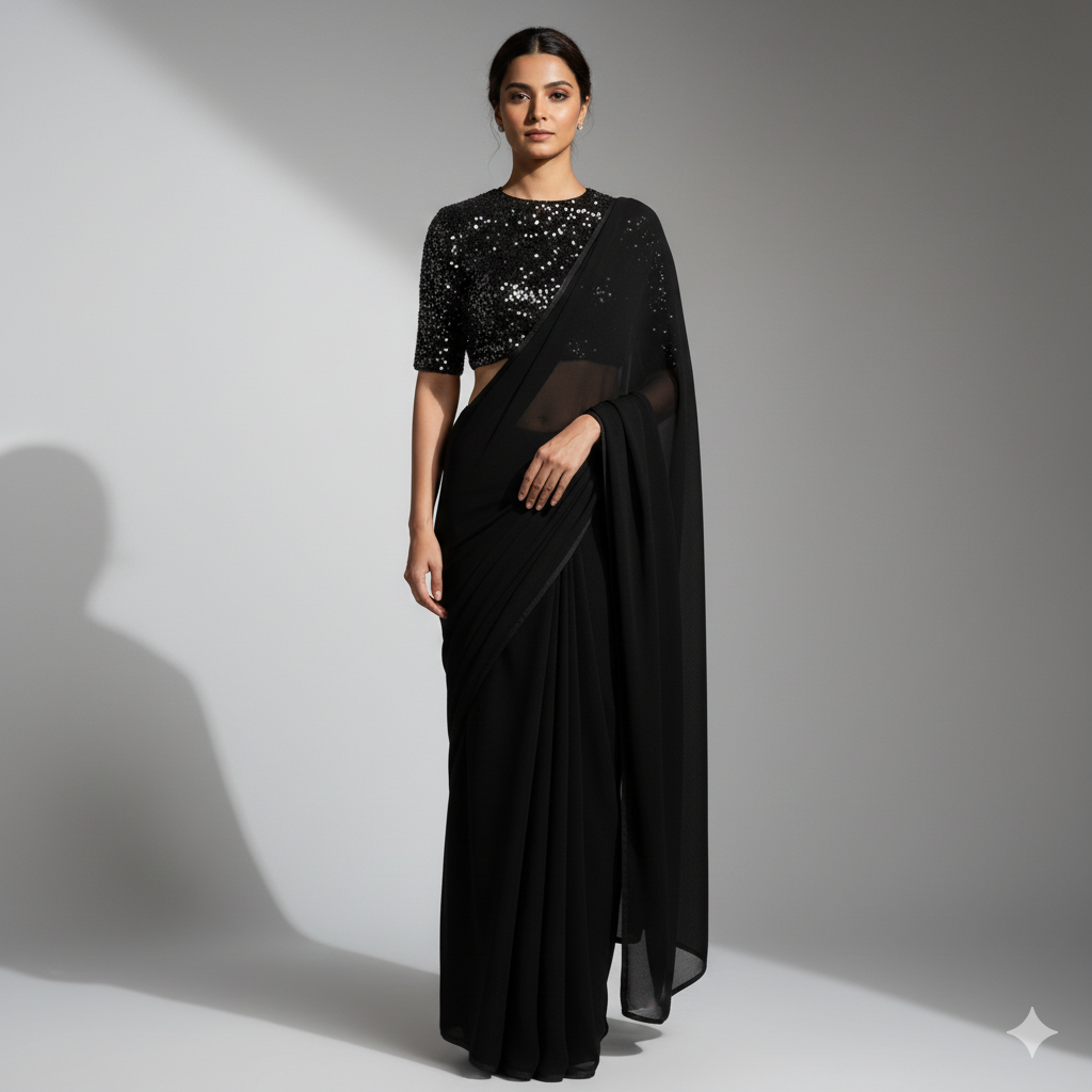 Black Georgette Saree with Black Sparkle Velvet Blouse Main image