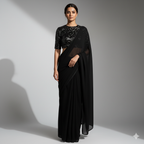 Black Georgette Saree with Black Sparkle Velvet Blouse | Ton-On-Ton Glam Saree for Evening Wear