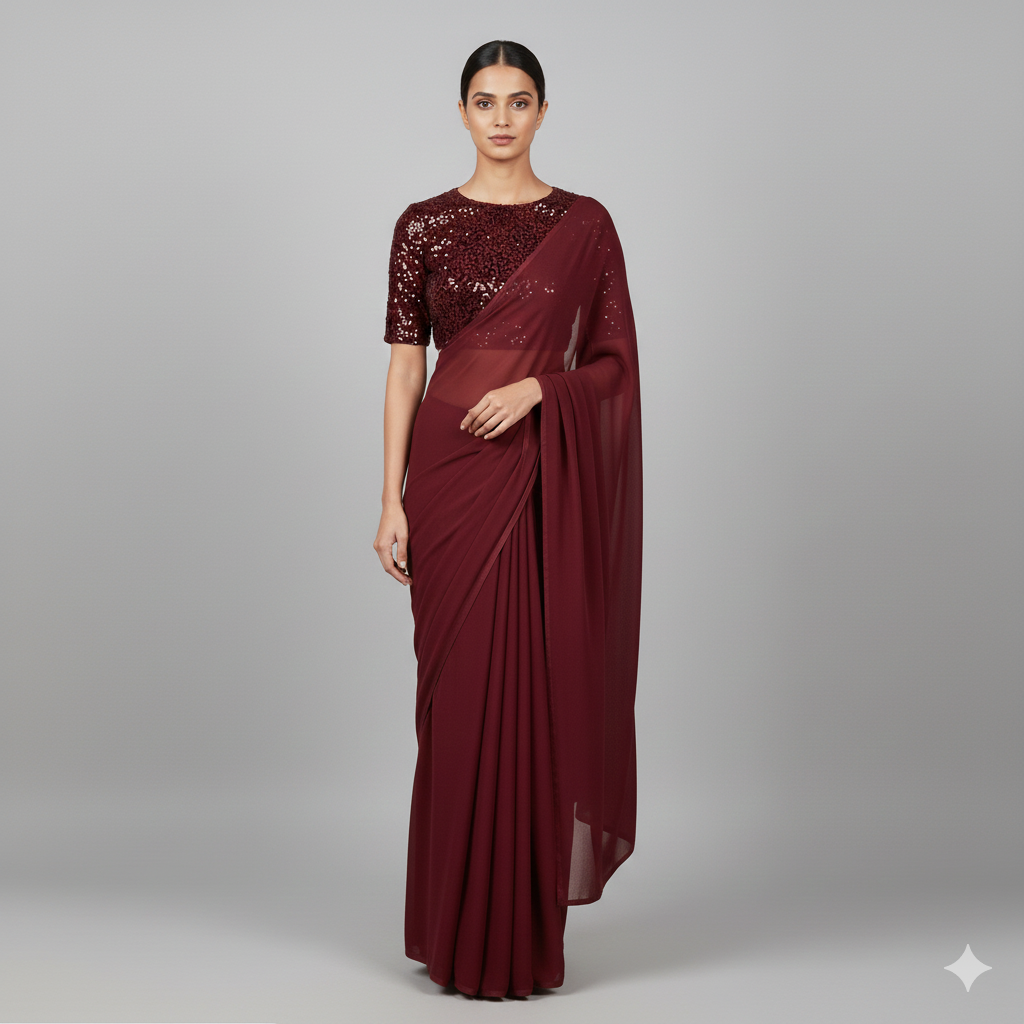 Easy to style Maroon Color Saree with Sparkle Work Main image
