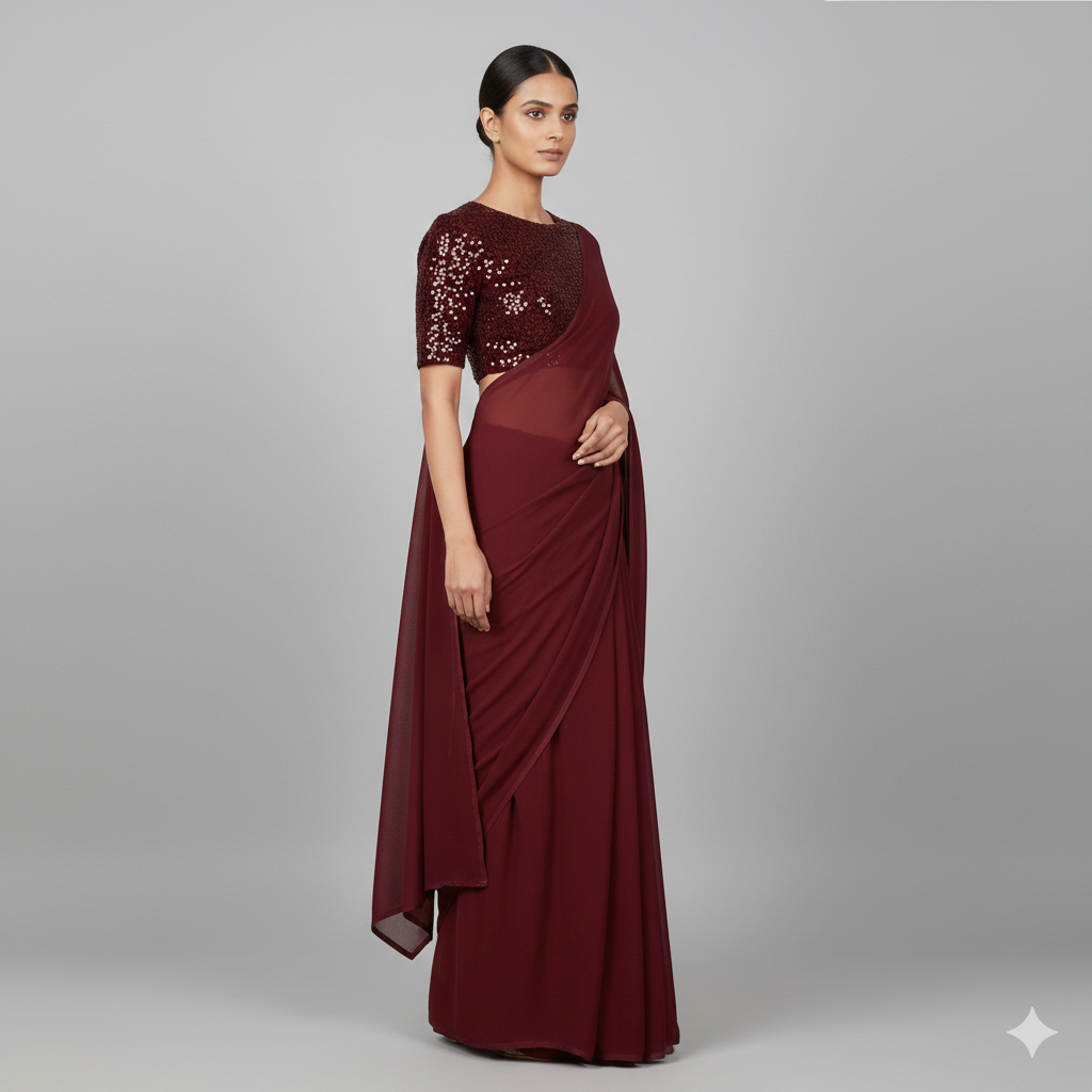 Maroon Georgette Saree with Maroon Sparkle Velvet Blouse | Ton-On-Ton Rich Saree with Festive Glow