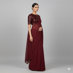 Maroon Georgette Saree with Maroon Sparkle Velvet Blouse | Ton-On-Ton Rich Saree with Festive Glow
