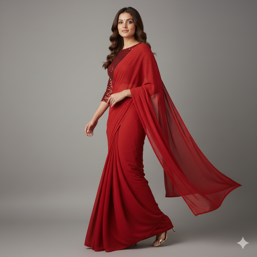 Red Georgette Saree with Red Sparkle Velvet Blouse | Ton-On-Ton Festive Saree with Elegant Shine