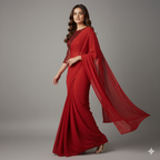 Red Georgette Saree with Red Sparkle Velvet Blouse | Ton-On-Ton Festive Saree with Elegant Shine