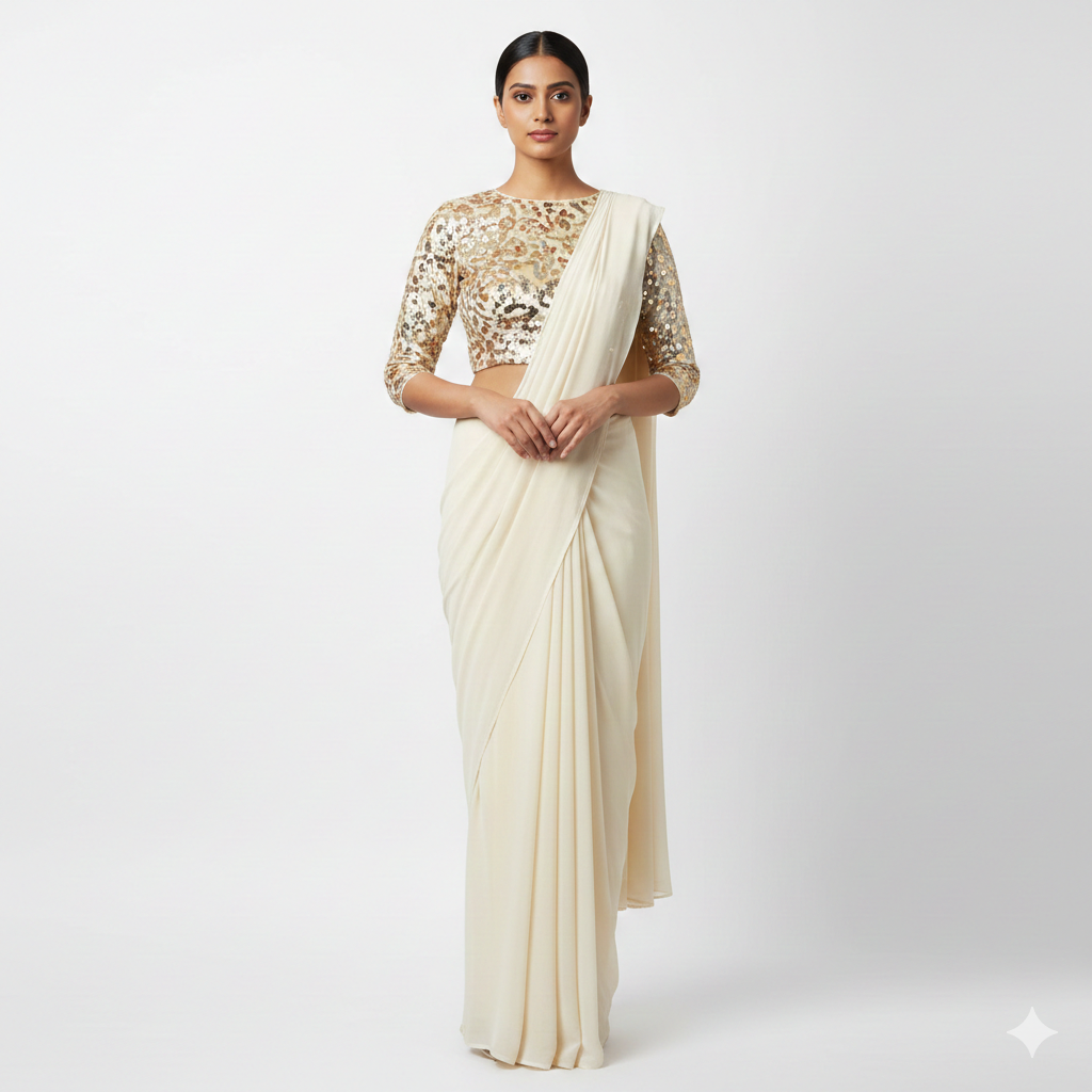 Cream Georgette Saree with Cream Sparkle Velvet Blouse | Ton-On-Ton Elegant Saree with Soft Shimmer
