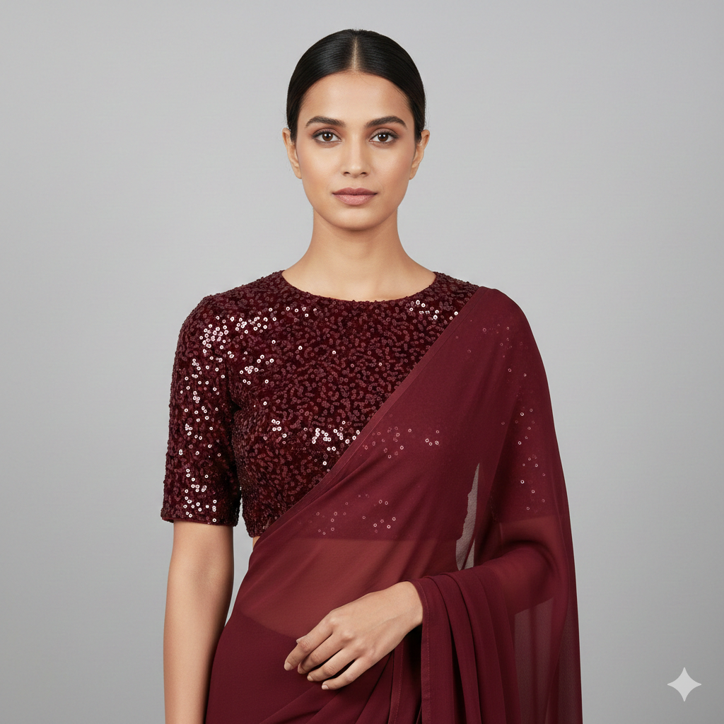 Maroon Georgette Saree with Maroon Sparkle Velvet Blouse | Ton-On-Ton Rich Saree with Festive Glow