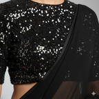 Black Georgette Saree with Black Sparkle Velvet Blouse | Ton-On-Ton Glam Saree for Evening Wear