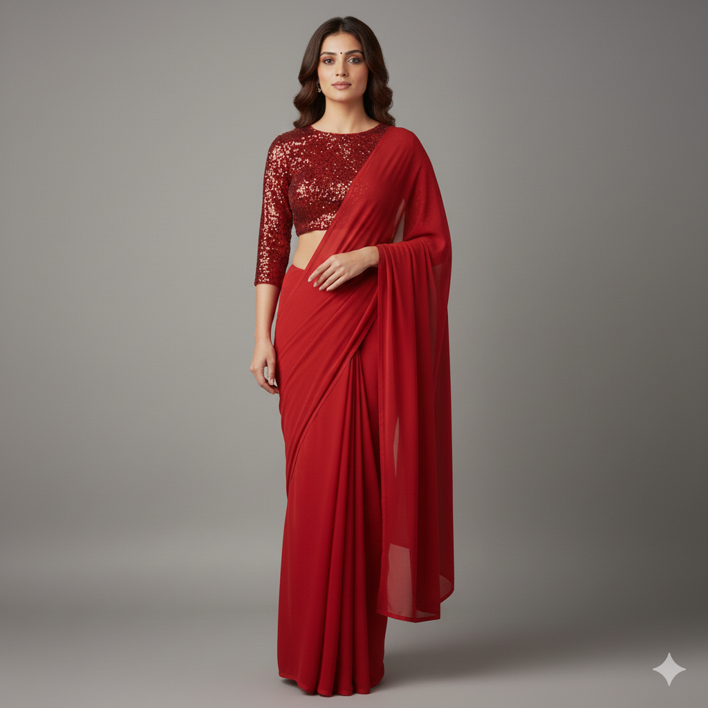Red Georgette Saree with Red Sparkle Velvet Blouse | Ton-On-Ton Festive Saree with Elegant Shine