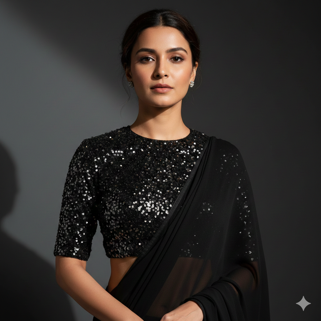 Black Georgette Saree with Black Sparkle Velvet Blouse | Ton-On-Ton Glam Saree for Evening Wear