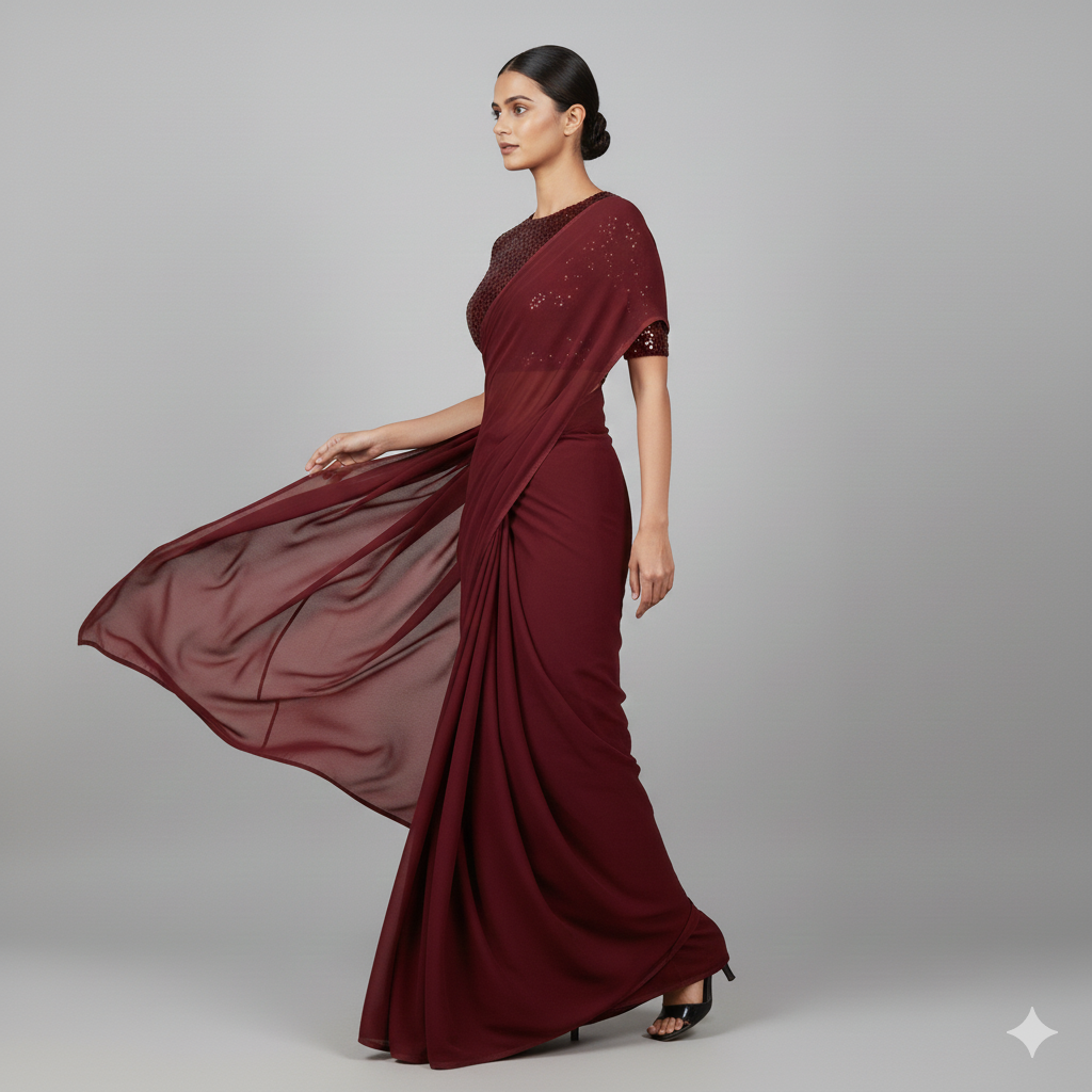 Maroon Georgette Saree with Maroon Sparkle Velvet Blouse | Ton-On-Ton Rich Saree with Festive Glow