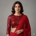 Red Georgette Saree with Red Sparkle Velvet Blouse | Ton-On-Ton Festive Saree with Elegant Shine