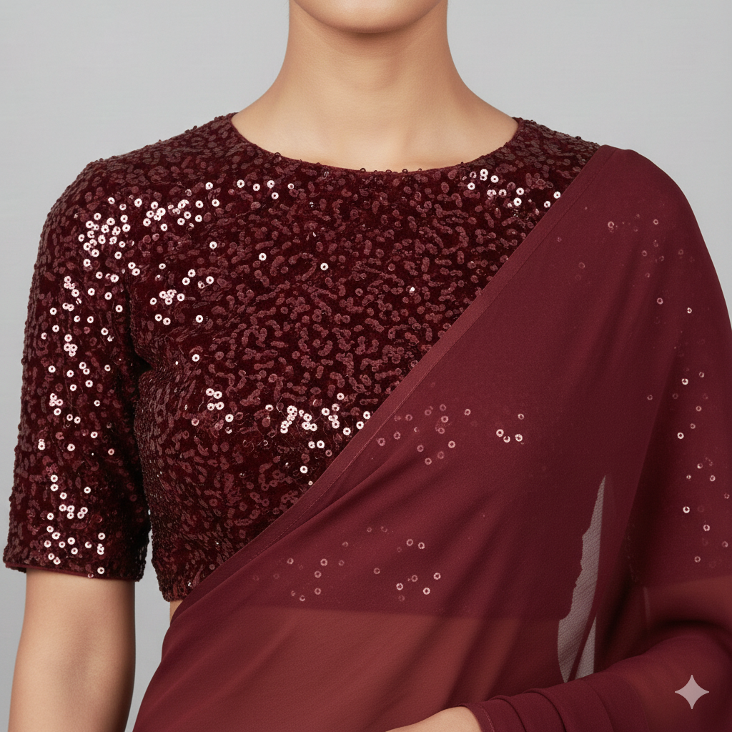 Maroon Georgette Saree with Maroon Sparkle Velvet Blouse | Ton-On-Ton Rich Saree with Festive Glow