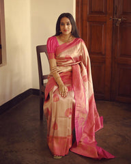 Reception Wear Jacquard Peach Color Silk Saree