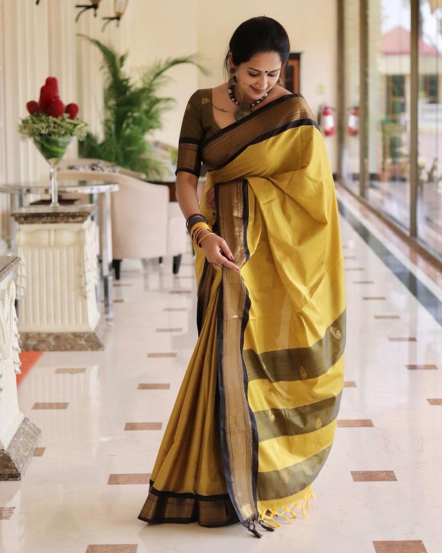 Delightful Lemon Color Jacquard Work Silk Saree