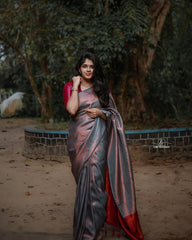 Awesome Zari Weaving Grey Color Silk Saree