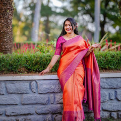 Fantastic Jacquard Work Function Wear Pink And Orange Color Silk Saree