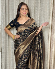 Wedding Wear Jacquard Black Color Silk Saree