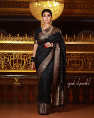 Wedding Wear Jacquard Black Color Silk Saree