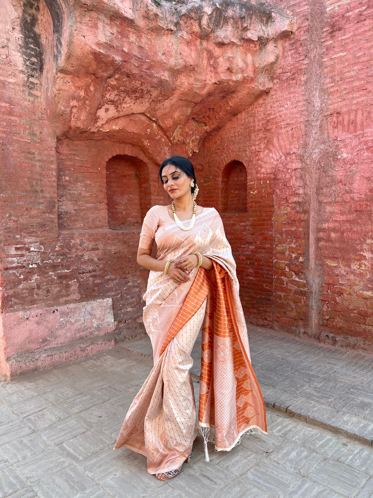 Ceremony Wear Peach Color Jacquard Silk Saree