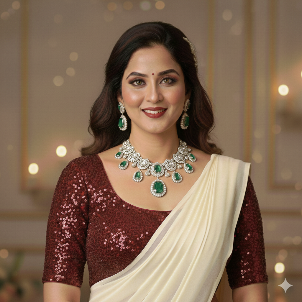 Cream Georgette Saree with Maroon Sparkle Velvet Blouse | Rich Contrast Saree with Festive Elegance