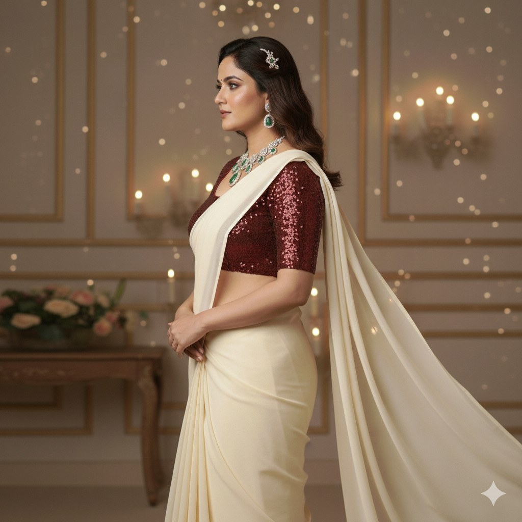 Cream Georgette Saree with Maroon Sparkle Velvet Blouse | Rich Contrast Saree with Festive Elegance