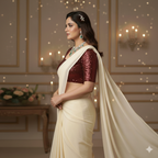 Cream Georgette Saree with Maroon Sparkle Velvet Blouse | Rich Contrast Saree with Festive Elegance