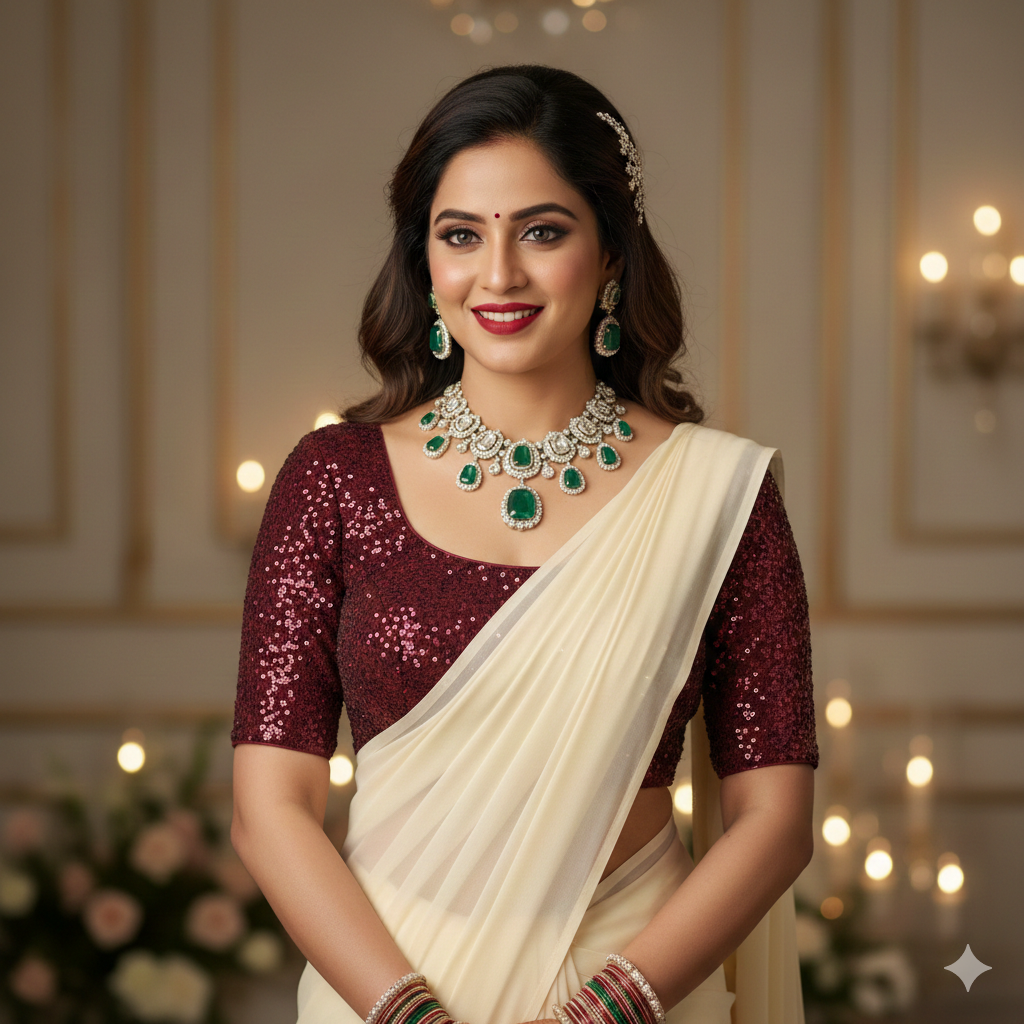 Cream Georgette Saree with Maroon Sparkle Velvet Blouse | Rich Contrast Saree with Festive Elegance