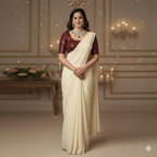 Cream Georgette Saree with Maroon Sparkle Velvet Blouse | Rich Contrast Saree with Festive Elegance