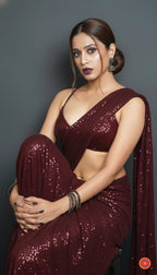 Maroon Sparkle Georgette Saree with Maroon Sparkle Velvet Blouse | Rich Shimmer Saree for Grand Occasions