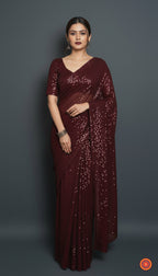 Maroon Sparkle Georgette Saree with Maroon Sparkle Velvet Blouse | Rich Shimmer Saree for Grand Occasions