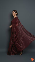 Maroon Sparkle Georgette Saree with Maroon Sparkle Velvet Blouse | Rich Shimmer Saree for Grand Occasions