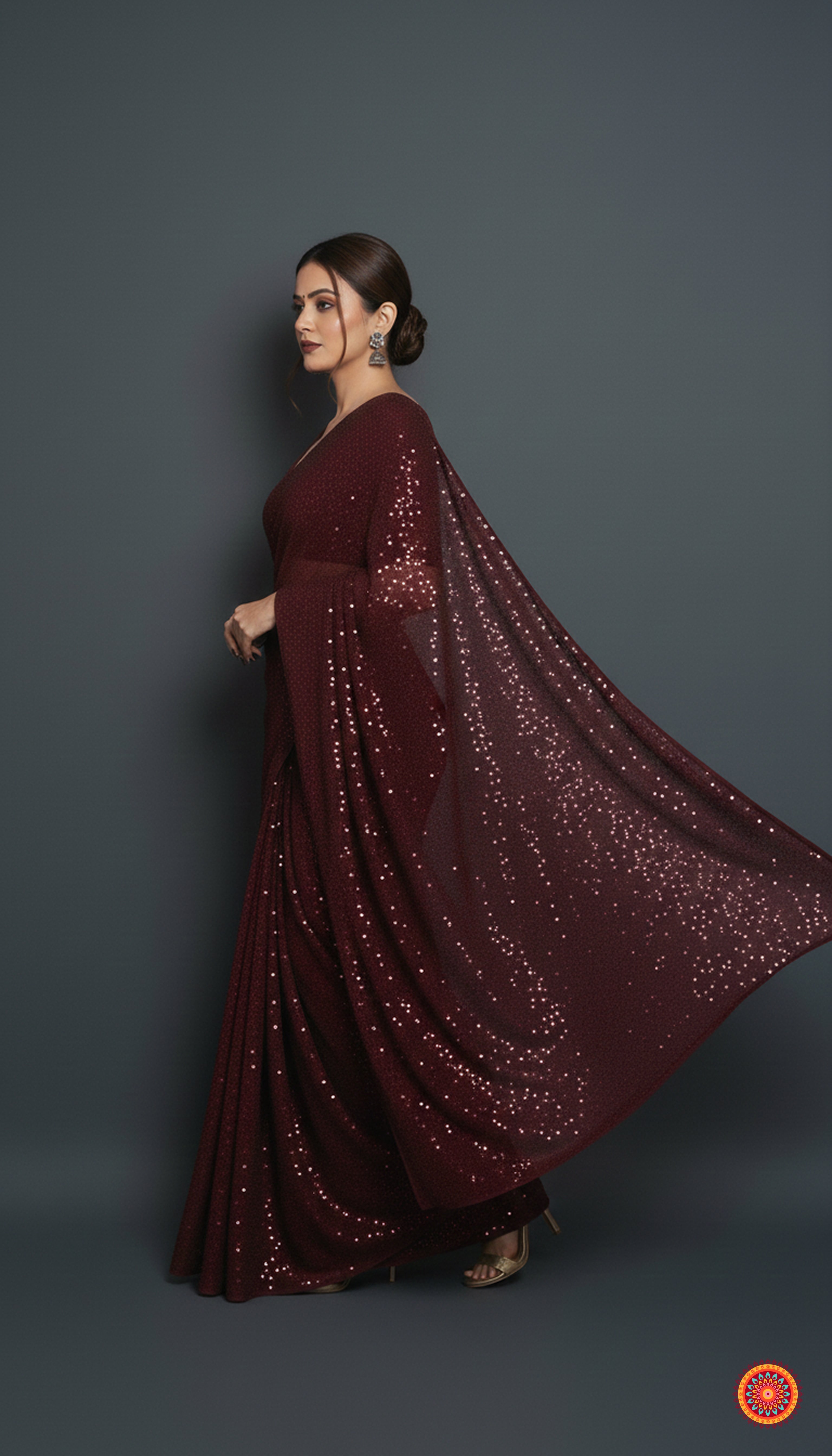 Maroon Sparkle Georgette Saree with Maroon Sparkle Velvet Blouse | Rich Shimmer Saree for Grand Occasions