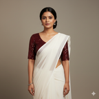 White Georgette Saree with Maroon Sparkle Velvet Blouse | Elegant Contrast Saree with Festive Glow