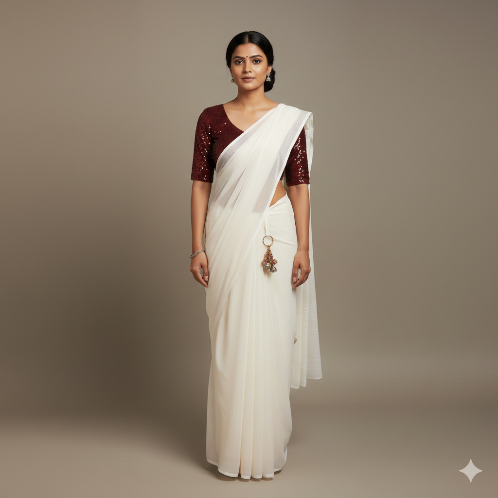 White Georgette Saree with Maroon Sparkle Velvet Blouse | Elegant Contrast Saree with Festive Glow