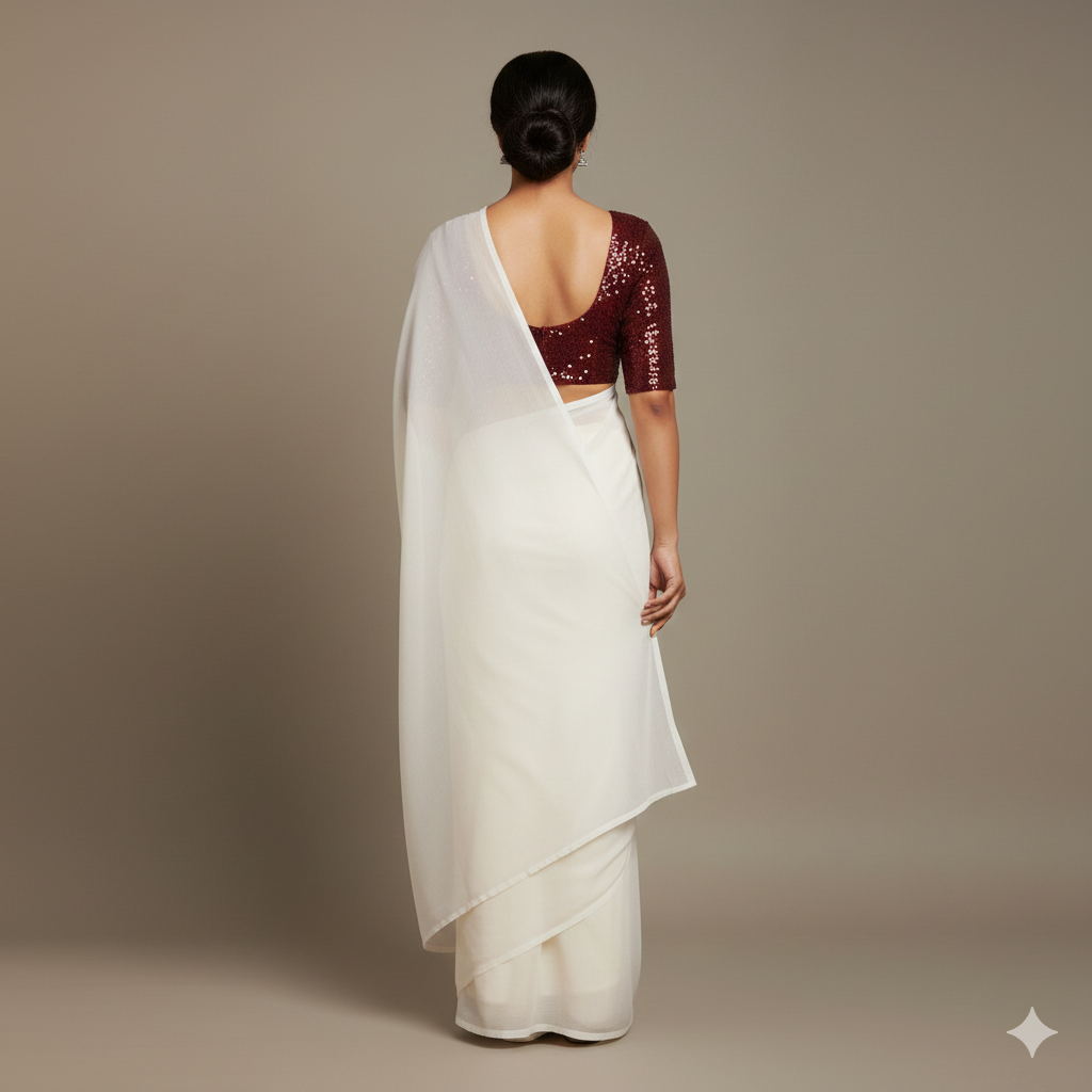 Elegant White Saree with Contrast Maroon Sparkle Velvet Blouse Secondary image