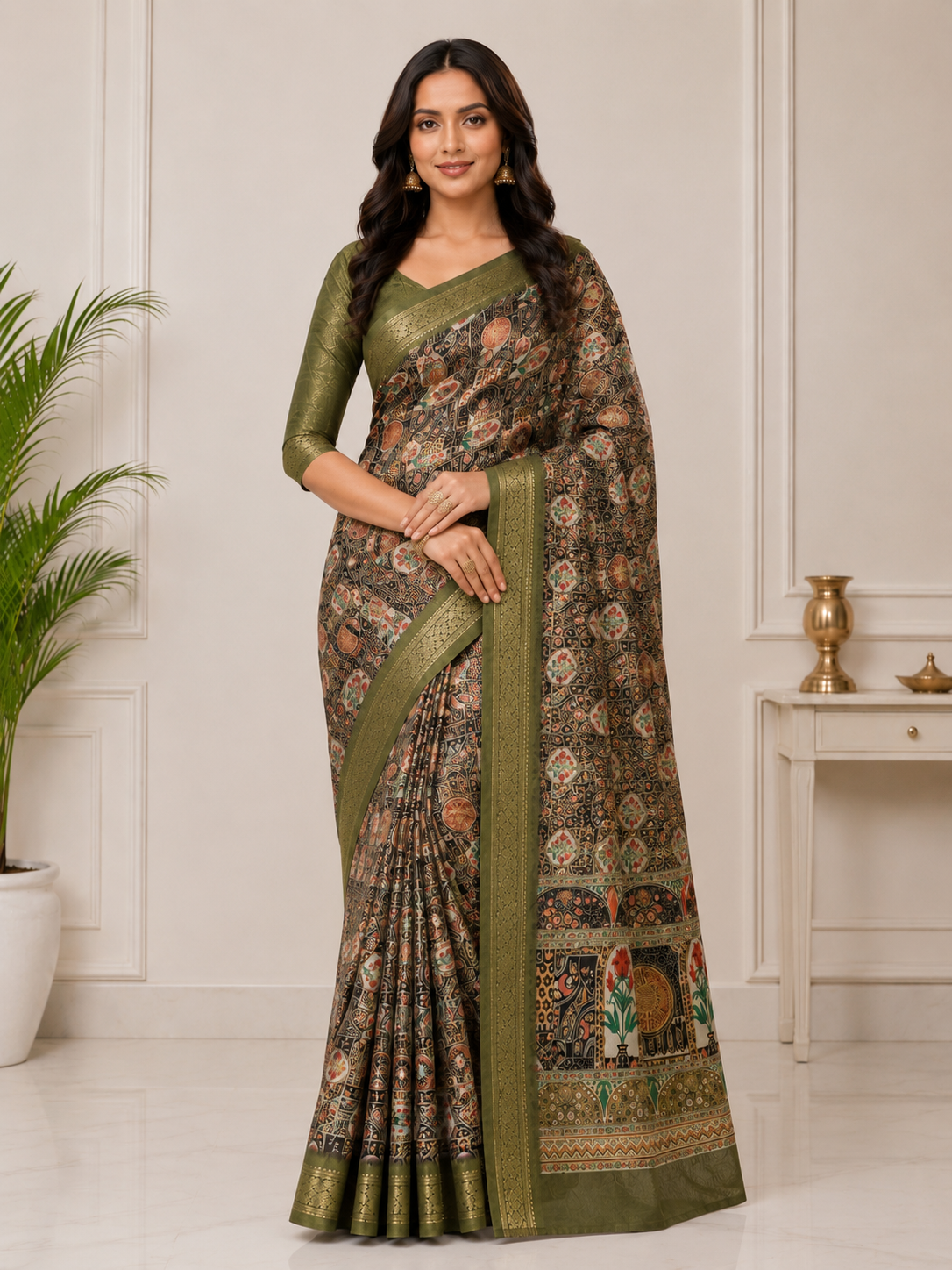 Kalamkari Silk Blend Saree with Zari Border
