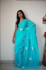 Glossy Sky Blue Color Embroidery Hard Work Ready To Wear Saree