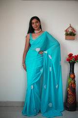 Glossy Sky Blue Color Embroidery Hard Work Ready To Wear Saree