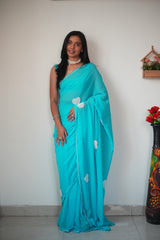 Glossy Sky Blue Color Embroidery Hard Work Ready To Wear Saree