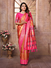 Outstanding Banarasi Tissue Silk Pink And Orange Color Saree