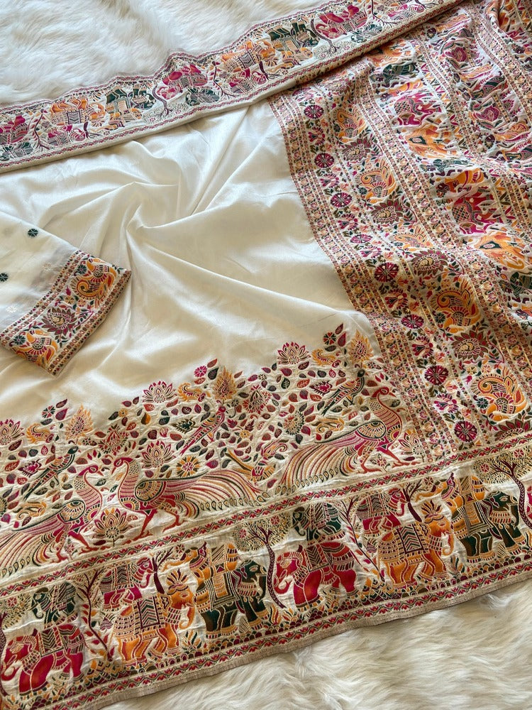 Redolent Beige Pashmina Saree With Embrocation Blouse Piece Main image