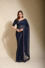 Delightful Georgette Ready To Wear Navy Blue Color Saree