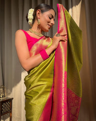 Traditional Wear Jacquard Perrot Color Silk Saree